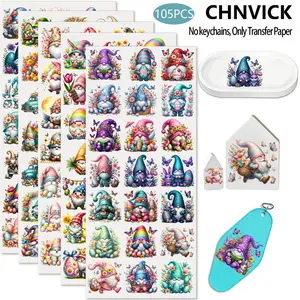105PCS UV DTF Cup Wrap Stickers, Watercolor Easter Gnome Rub on Transfers for Crafts, Permanent DIY Transfer Decals for 16oz Libbey Glass Cans, Mugs, Candles, Notebooks and Flower Pots, Easy to Apply Art Stickers