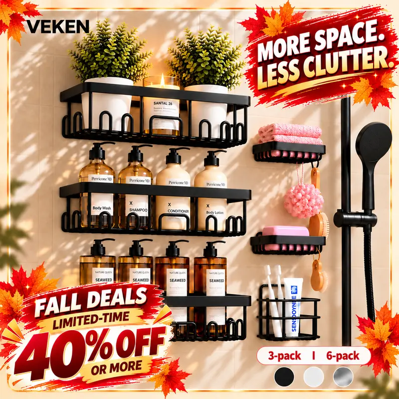 【Veken】 3/6-Pack Life-Changing Rustproof Shower Caddy, Effortless No-Drill Wall Shelves with Soap Holder, End Bathroom Clutter for Good, Multi-use Kitchen & Home Storage