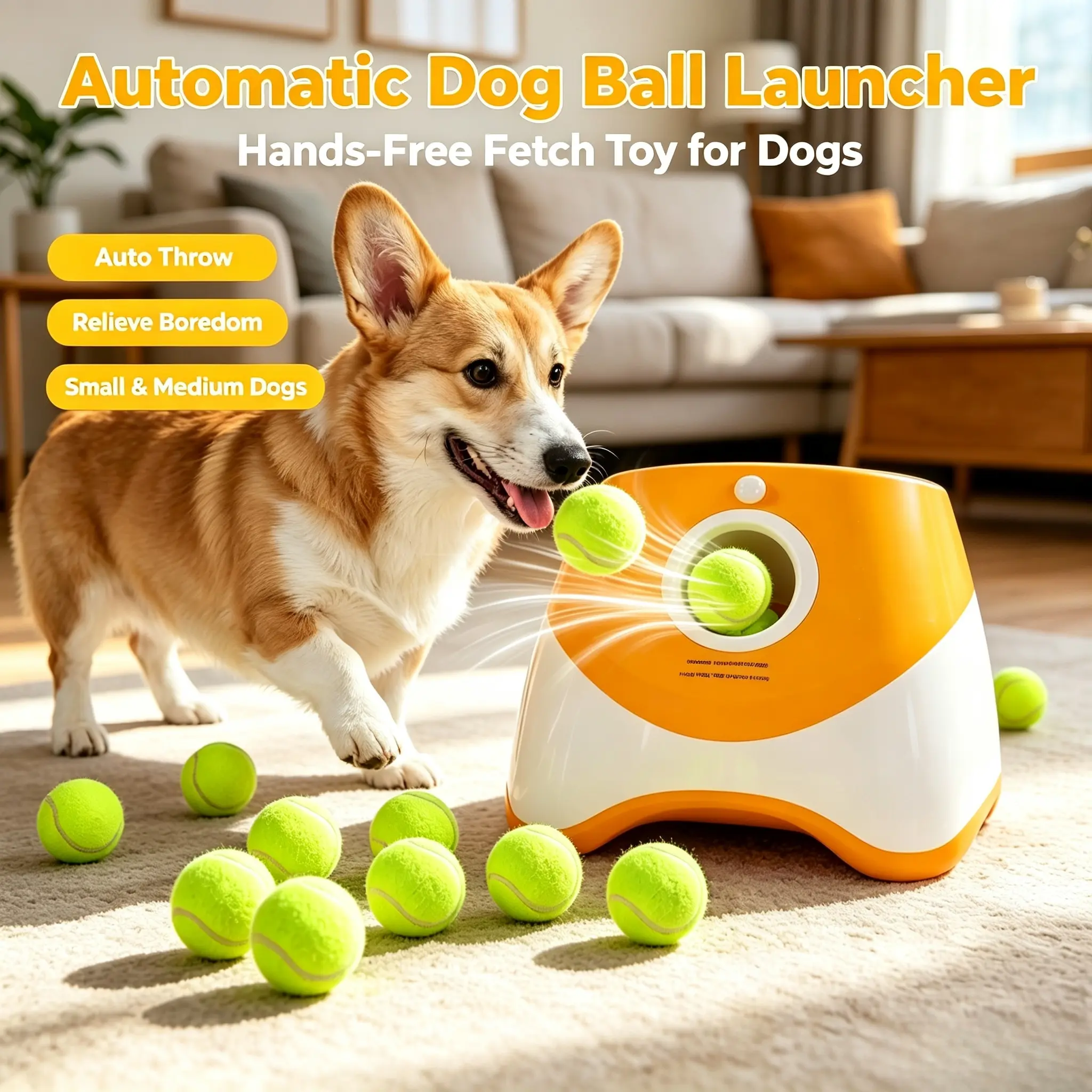 Automatic Dog Ball Launcher - Interactive Auto Tennis Thrower with 5 Mini Balls, Adjustable Distance Self-Play Fetch Toy for Small-Medium Dogs (Indoor & Outdoor Use, Bungee, TikTok Viral),biteresistant,spinning
