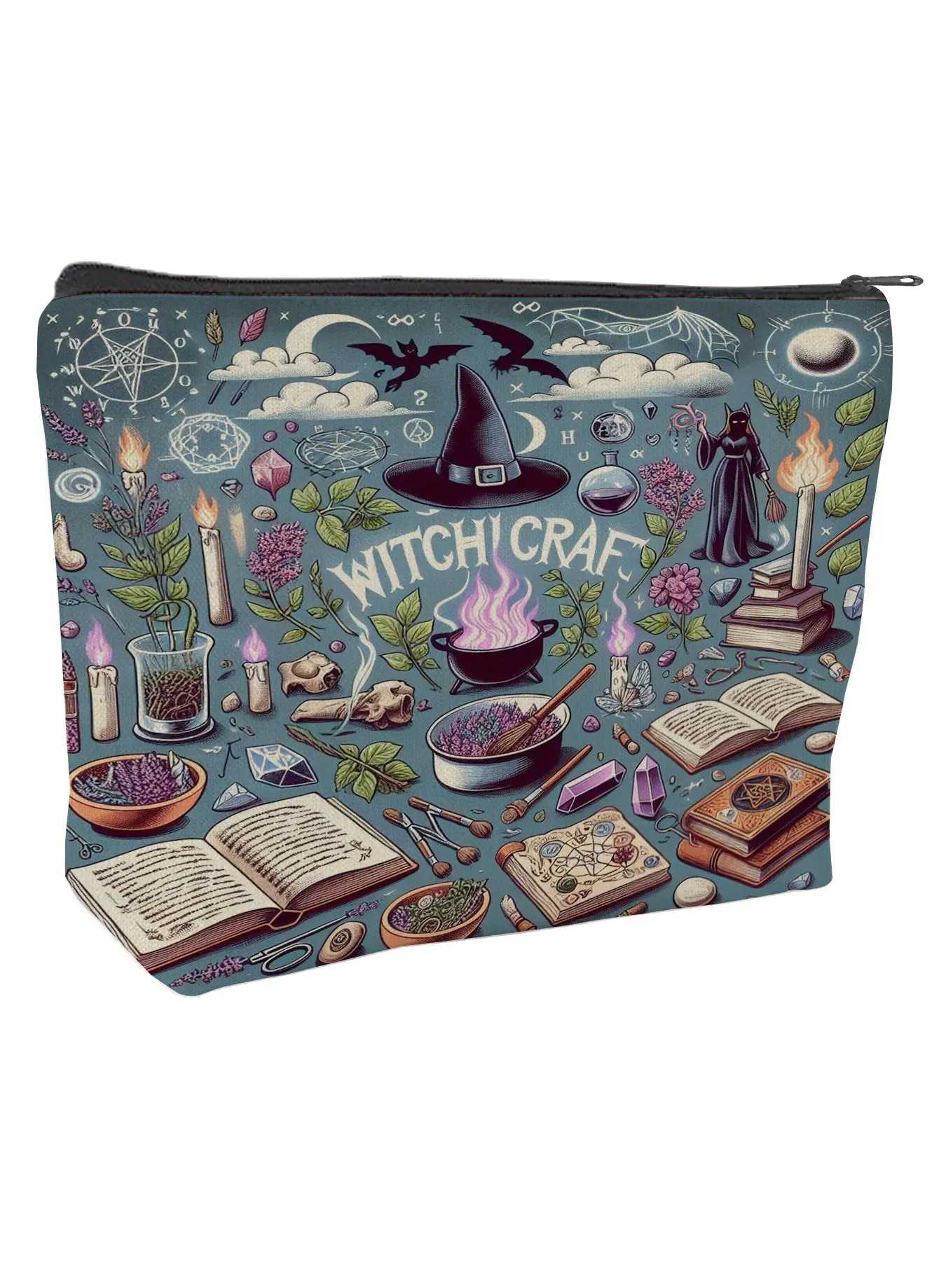 Mystical Witchcraft Makeup Storage Bag, Women's Large Capacity Zipper Canvas Bag, Creative Vintage Print Washbag, Multifunctional Handbag, Makeup Pouch, Makeup Organizer Pouch, Cosmetic Bag, Vintage Vanity Bag, Makeup Bags