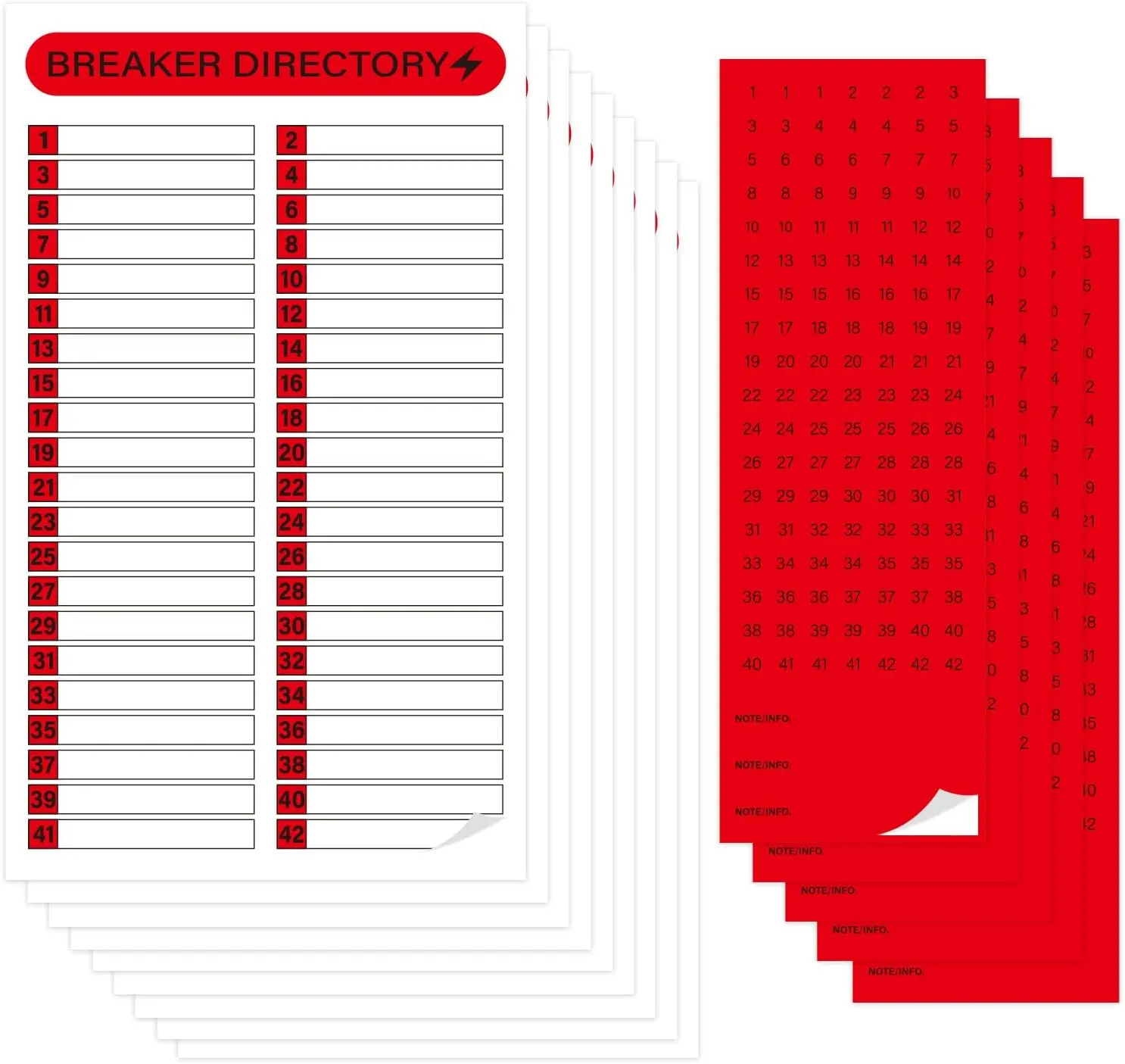 Electrical Breaker Panel Labels - 16 Sheets Durable Self-Adhesive 12”x7.1” Writable Door Panel Stickers with 3 Note Labels (3.7”x0.6”) & Numbered Circular Stickers, for Circuit Identification, Indoor & Outdoor Use (Red)