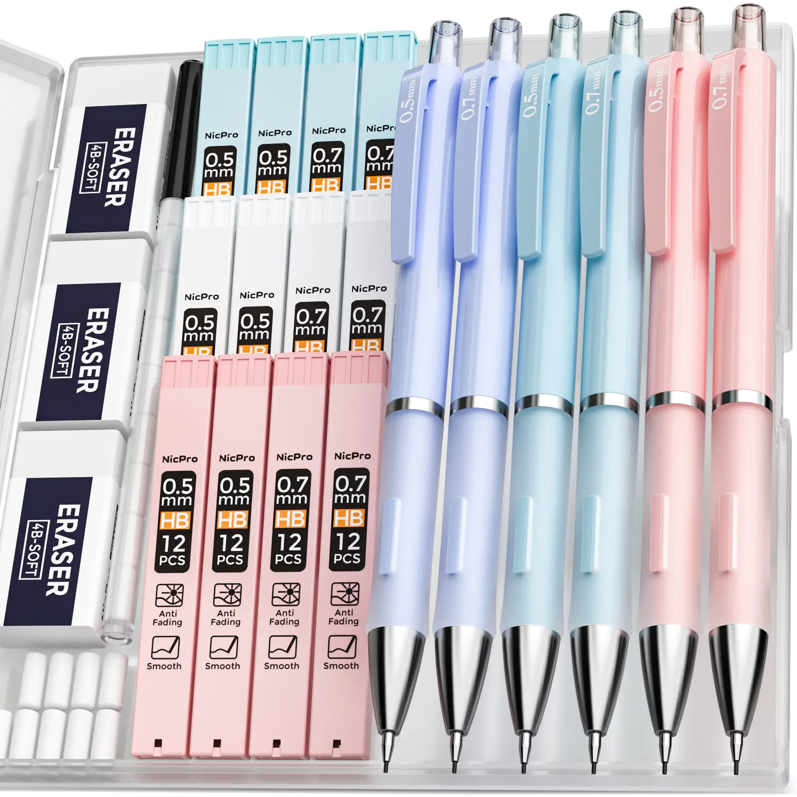 Nicpro 6Pack Pastel Mechanical Pencil 0.5 & 0.7 mm for School, with 12 tubes HB Lead Refills, 3 Erasers, 9 Eraser Refills, Blue & Pink & Violet Colors