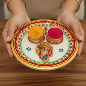 Elegant Marble Ganesha Pooja Thali Set | Sacred Haldi Kumkum Holder for Housewarming, Wedding, Festivals | Enhance Your Rituals