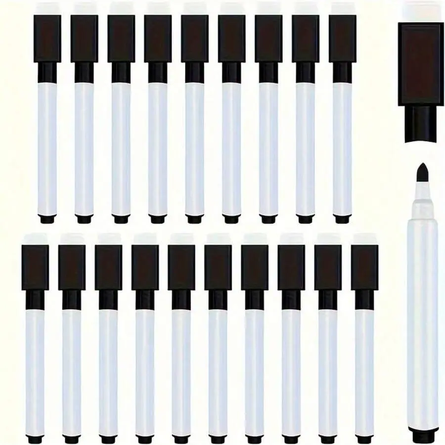 20pcs Erasable Whiteboard Marker Pens with Erasers - Nonmagnetic, Multi-Use Office Stationery Supplies for Drawing, Labeling, and Highlighting, Waterproof Ink, Chisel Tip, Ideal for Plastic Surfaces, Labeling Tools | Modern Look | Nonmagnetic Pen