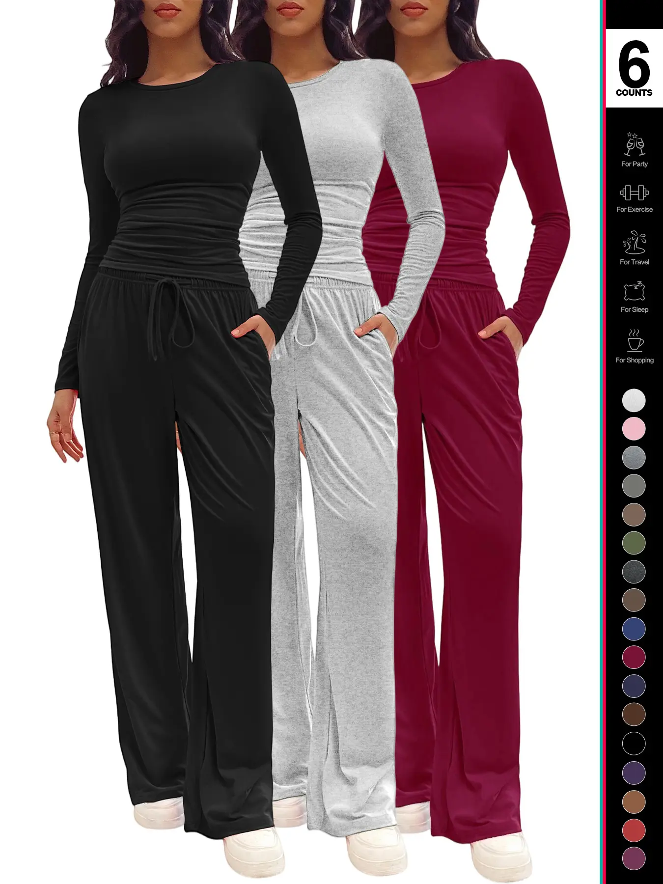 Women's Solid Ruched Drawstring Loungewear Set, Casual Fit Long Sleeve Round Neck Top & Pocket Wide Leg Trousers, Ladies Sleepwear for All Seasons Women's Solid Ruched Drawstring Loungewear Set, Casual Fit Long Sleeve Round Neck Top & Pocket Wide Leg Trousers, Ladies Sleepwear for All Seasons