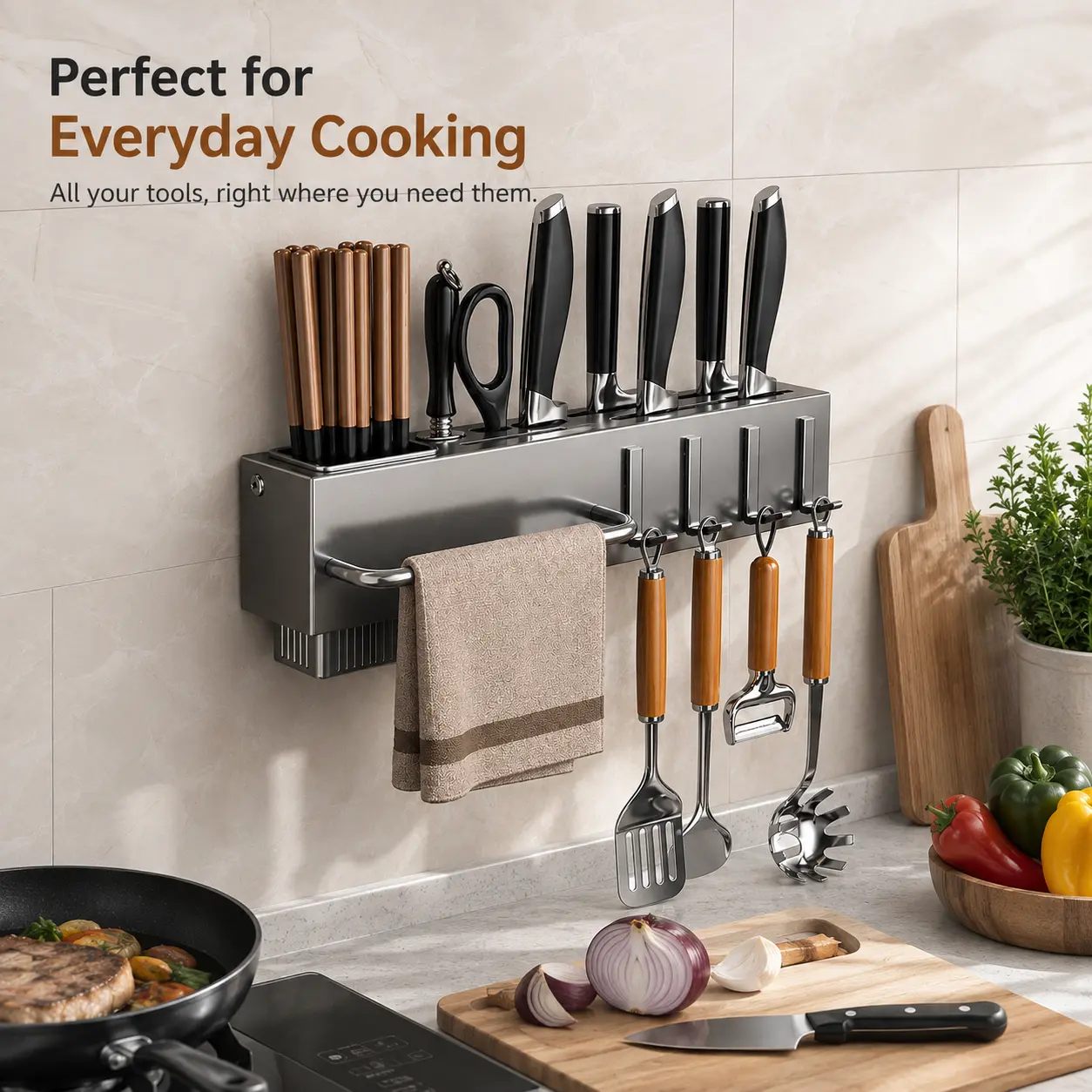 Wall-Mounted Durable Carbon Steel Japanese Knife Rack for Home Kitchen, No-Drill Easy-To-Set-Up Multi-Use Storage with ABS Hooks, Chopstick Holder, Towel Rack - Organizes Knives, Cutlery, Cutting Boards (Ideal for Busy Users)
