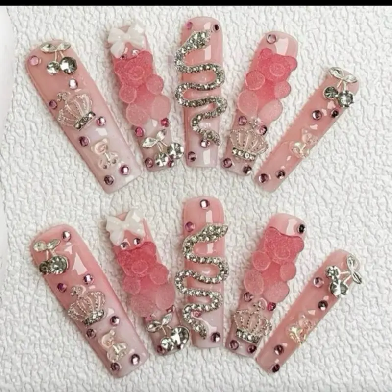 10 Pieces Long Gummy Bear Handmade Press On Nails with 3D Design and Unique Styles for Creative Nail Art