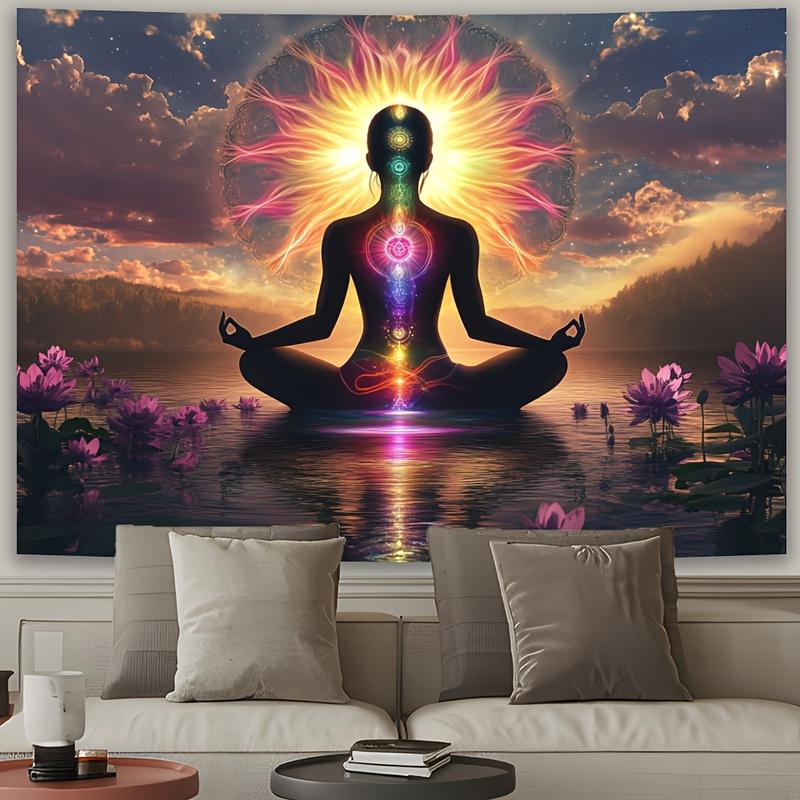 Elegant for Lotus Meditation Tapestry with Woman Silhouette - Vibrant Chakra & Mindfulness Decor, Polyester, No Power Needed - Perfect for Living Room, Bedroom, Office, Party - Unique Gift Idea, Zen Home Decor