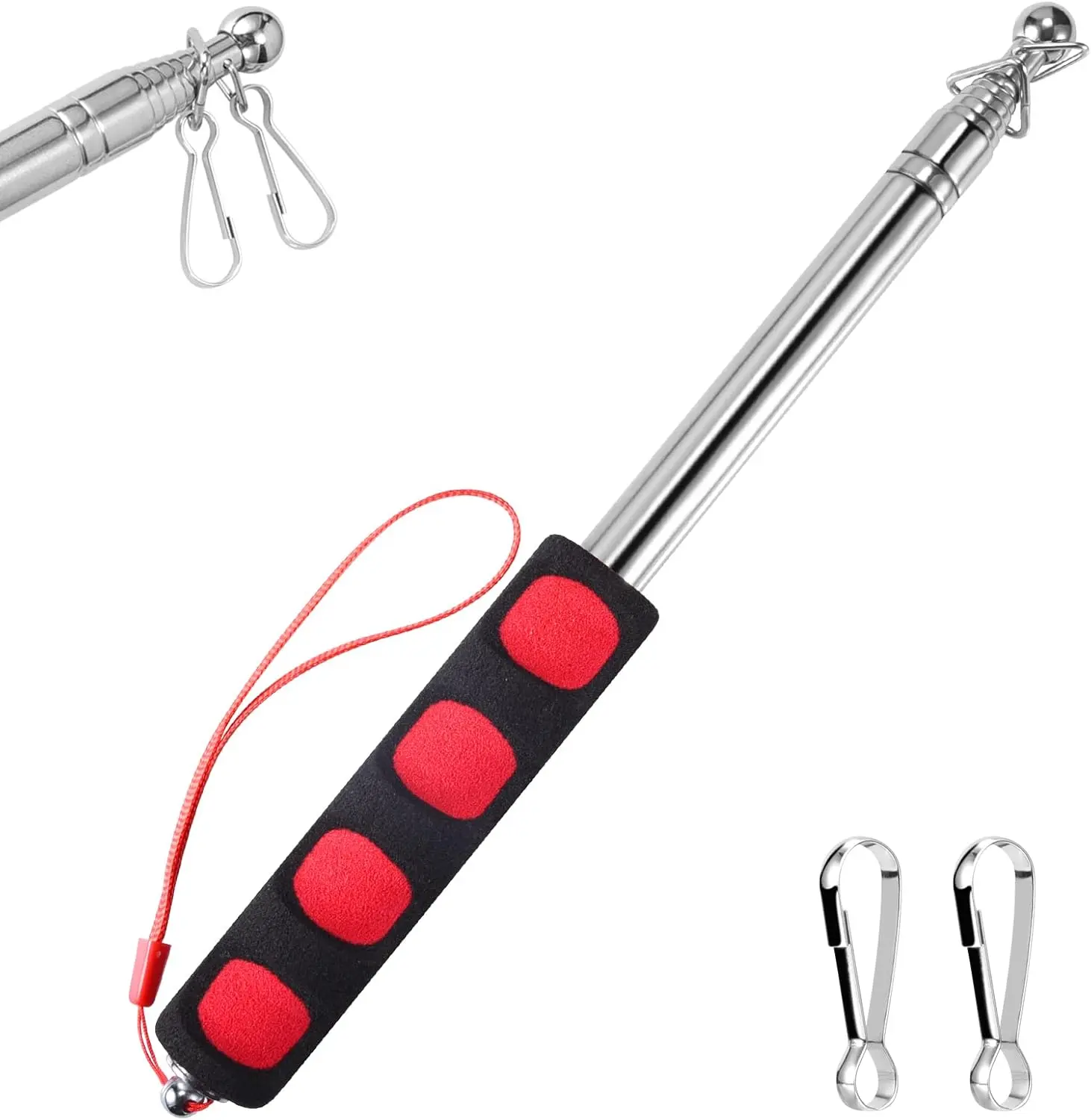 1.6M Telescopic Handheld Flagpoles with Clips, 5.25  Thick Portable Stainless Steel Telescopic Banner Flag Pole - Tour Guide Flag Pole - Teaching Pointer Stick (5 Ft, Red Black,1 Pack)