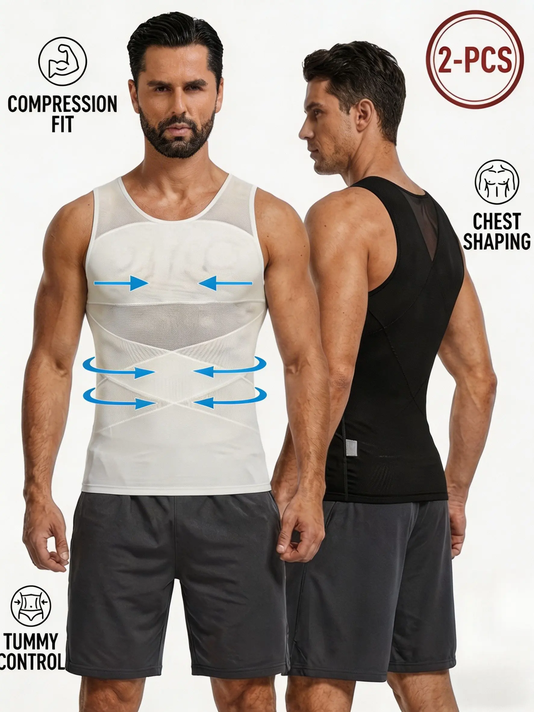 Men's 2-Pack Compression Tank Tops, Sleeveless Lightweight Body Shaper Vest with Tummy Control, Soft Breathable Mesh for Sports, Athletic Tank, Tight Sports Vest