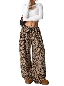 Y2K Aesthetic Leopard Print Fluffy Pants Women Soft High Waist Wide Leg Lounge Pants