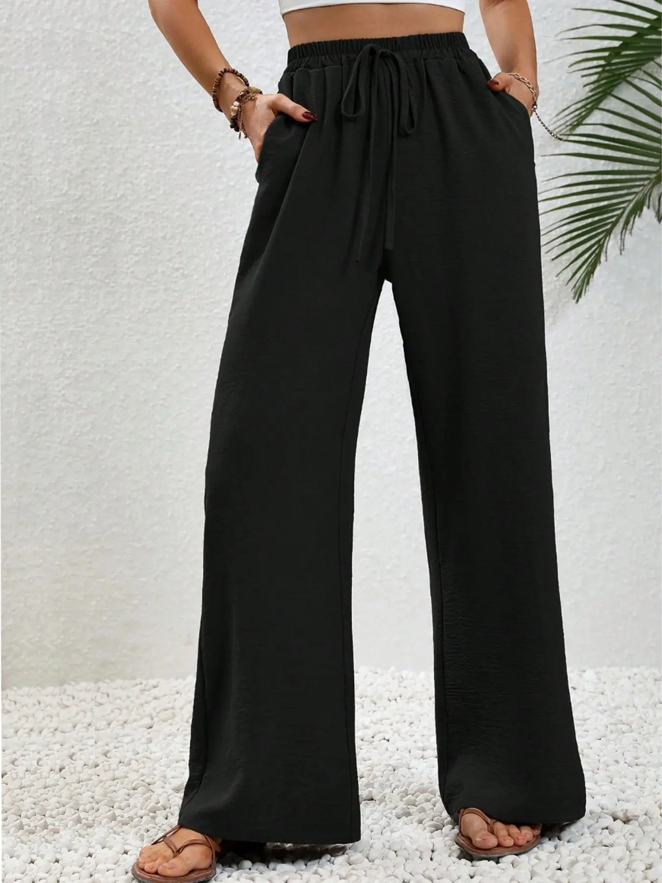Summer Women's Plain Simple Wrinkled Lightweight Loose Fit Baggy Straight Leg Pants Bottom, Casual Vacation Everyday Long Pants, Faux Drawstring Relaxed Style Elastic Trouser