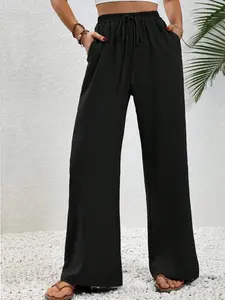 Summer Women's Plain Simple Wrinkled Loose Straight Leg Pants Bottom, Casual Vacation Long Pants, Faux Drawstring Relaxed Style Elastic