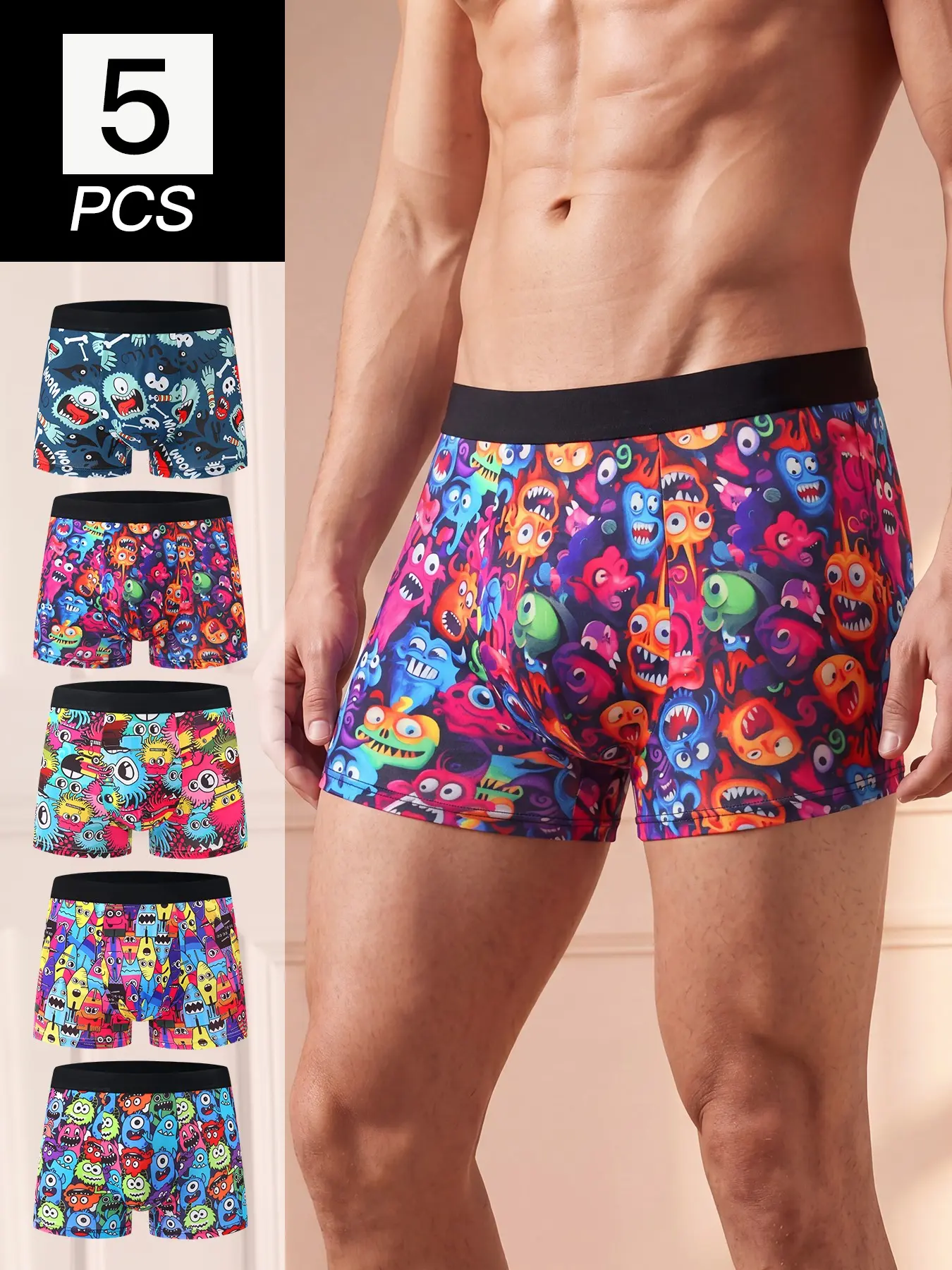 Men's 5PCS/Pack Printed Trunks, Short Leg No Roll No Ride Up Moisture Wicking Quick Dry Breathable Cooling Boxer Briefs, Summer Briefs, Underwear, Anti Chafe High Stretch for Sports Gym Running Cycling, Big Tall Loose Fit Assorted Colors