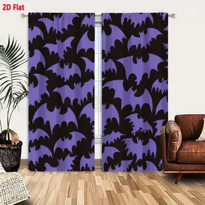 2D Flat  Halloween Black Purple Bat Pattern Curtain 2-Piece Set, Seamless Spooky Whimsical Design with Scalloped Wings Bats on Light Purple Background, Dense Overlapping Silhouette Curtains for Bedroom Living Room Decor