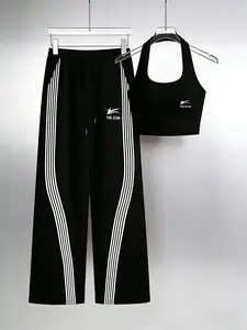 Women's Summer Y2K Hot Girl American Style Sports Suit, 2026 New Halter Vest + Wide-Leg Pants Two-Piece Set, Striped Color Blocking Design, High Elastic Skin-Friendly Slimming Casual Set, Street Style Cool and Trendy Outfit, Summer Lounge Tracksuit