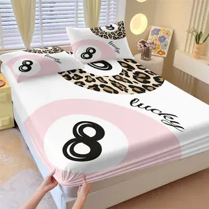 Y2K Millennium Lucky 8 Ball Fitted Sheet Set and 2 Coreless Pillowcases, Leopard Print Pink Color and Classic Pool 8-Ball Pattern, Soft Anti-Slip Wrinkle-Resistant, Sweet Cool Bedroom Decor, Women's Gift