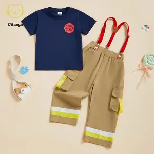 Toddler Little Boy Summer Outfit Letter Short Sleeve T-shirt and Striped Suspender Pants 2 Piece Set