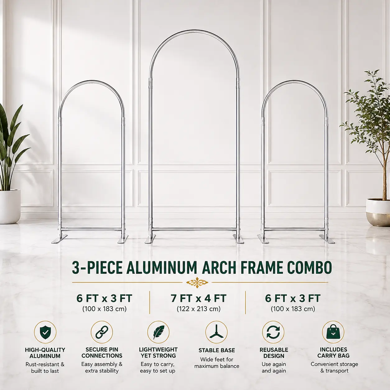 EPD 3-Piece Aluminum Arch Backdrop Stand Set with Carry Bag | 2 pcs 6FT × 3FT + 1 pc 7FT × 4FT | Reusable Event Frame for Weddings, Birthdays, Baby Showers, Anniversaries, Graduations, Photo Booths, Business Displays & Party Decor