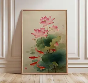 [UNFRAMED POSTER] Lotus Flower and Koi Fish Poster – Japanese Wall Art Print, Oriental Botanical Painting, Zen Home Decor for Living Room or Bedroom