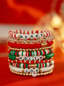 10 Piece Christmas Style Soft Clay Elastic Bracelets, Cute Holiday Gift Set, Adjustable and Combinable, Perfect for All Seasons, Word Bracelets