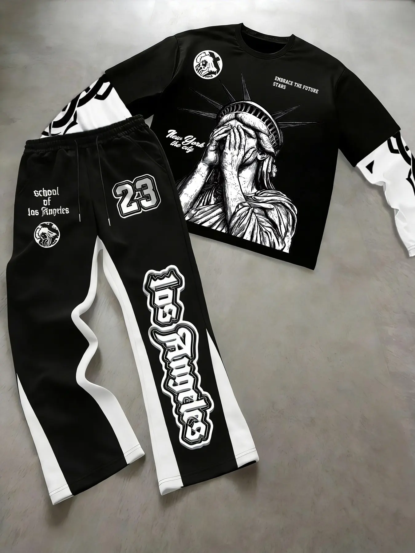 Men's spring and autumn lightweight clothes set featuring long-sleeve T-shirt and drawstring waist casual pants. Sporty, streetwear, Print, spring and autumn set, back-to-school season, hip-hop. A gift for boyfriend.