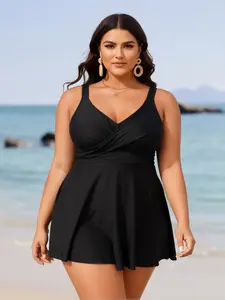 Plus Size Tummy Control One Piece Swimsuit with Skirt for Women, V-Neck Ruched Surplice Wrap Front Swimdresses, Modest Bathing Suits
