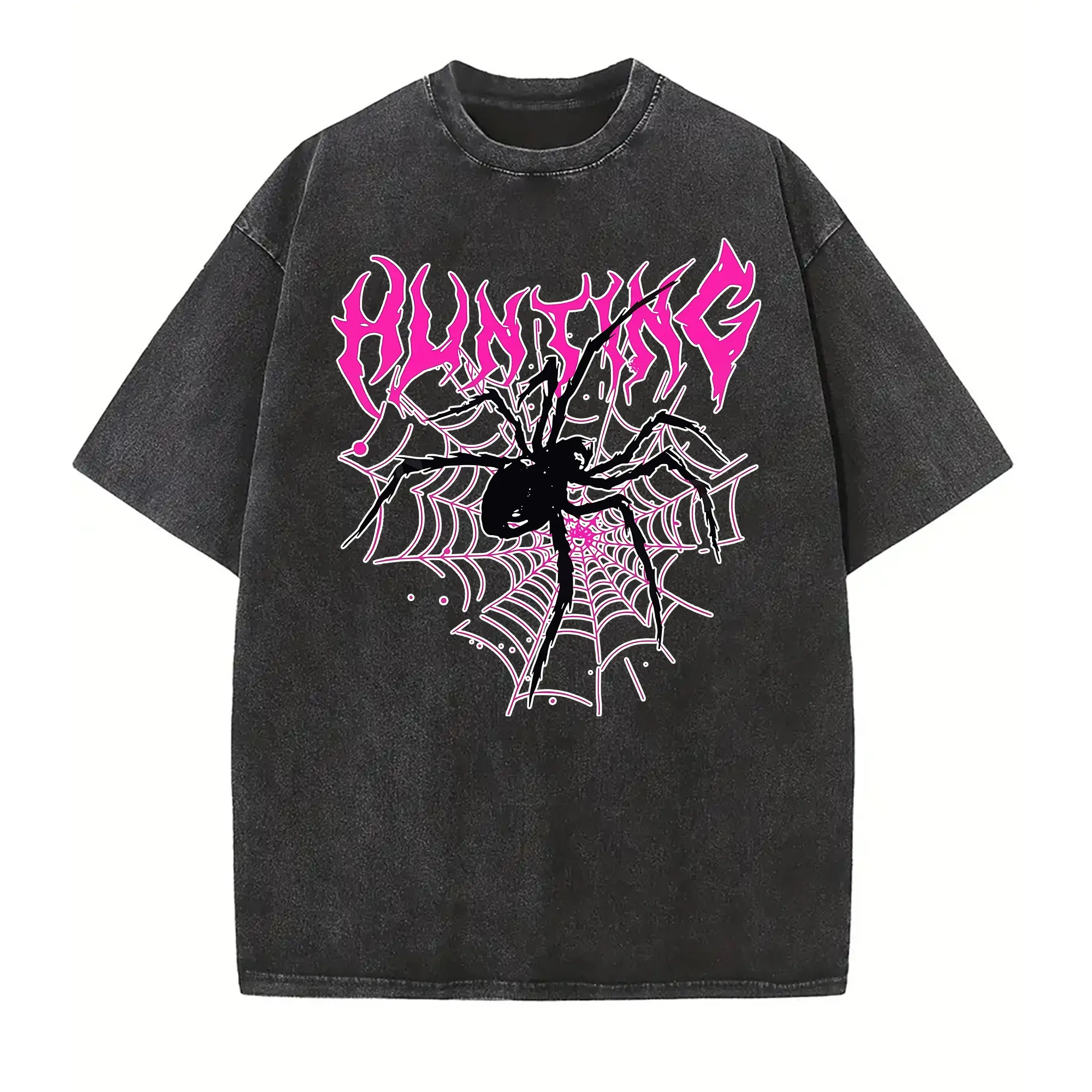 Trendy summer short-sleeve T-shirt featuring retro black-and-pink metallic-style typography and a spiderweb graphic; an oversized, unisex streetwear top with a dark Gothic-punk aesthetic—an ideal gift.