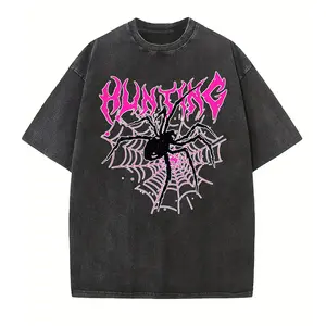 Trendy summer short-sleeve T-shirt featuring retro black-and-pink metallic-style typography and a spiderweb graphic; an oversized, unisex streetwear top with a dark Gothic-punk aesthetic—an ideal gift.