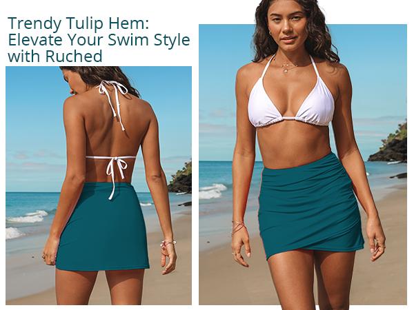 GRAPENT Women's High Waisted Bikini Bottoms Ruched Swimsuit Tulip Hem Swim Skirt-in Briefs