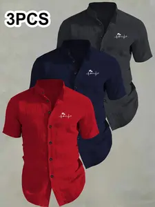 3-Pack Men's Summer Tropical Short Sleeve Shirts, Breathable Solid Collar Print Button-Up, Ideal for Beach Pool, Casual Swimwear, Perfect for Summer