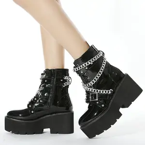 Parisuit Womens Black Goth Patent Ankle Boots Platform Chunky High Heel Lace Up Combat Boots Punk Short Booties Leather Classic