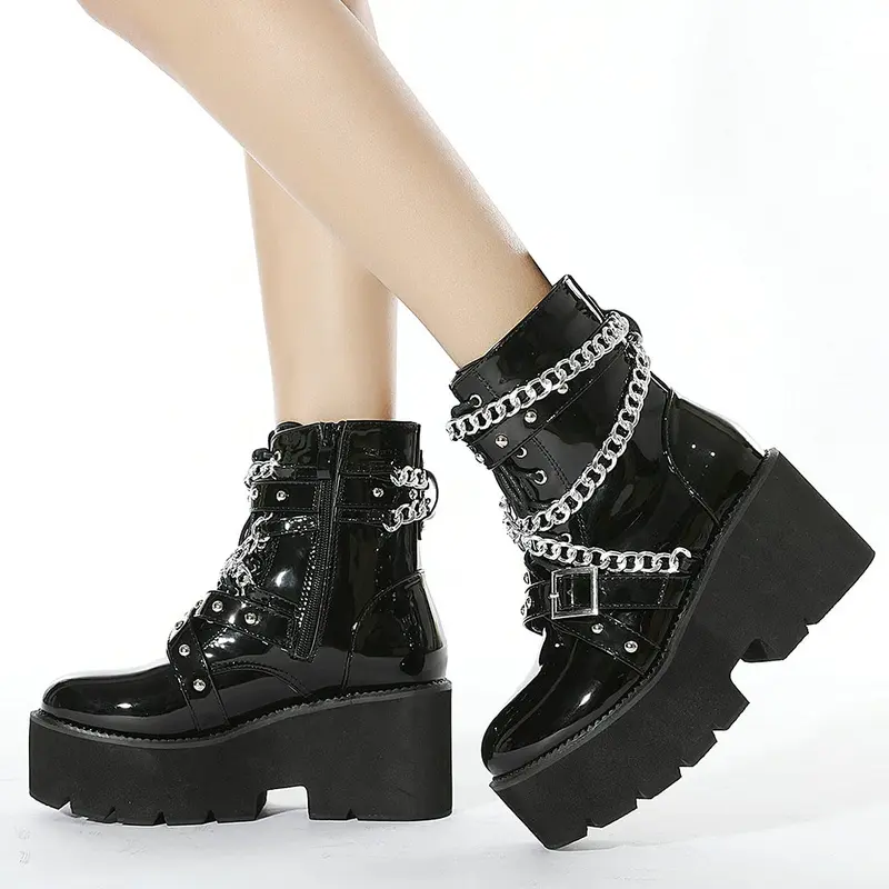 Parisuit Womens Black Goth Patent Ankle Boots Platform Chunky High Heel Lace Up Combat Boots Punk Short Booties Leather Classic