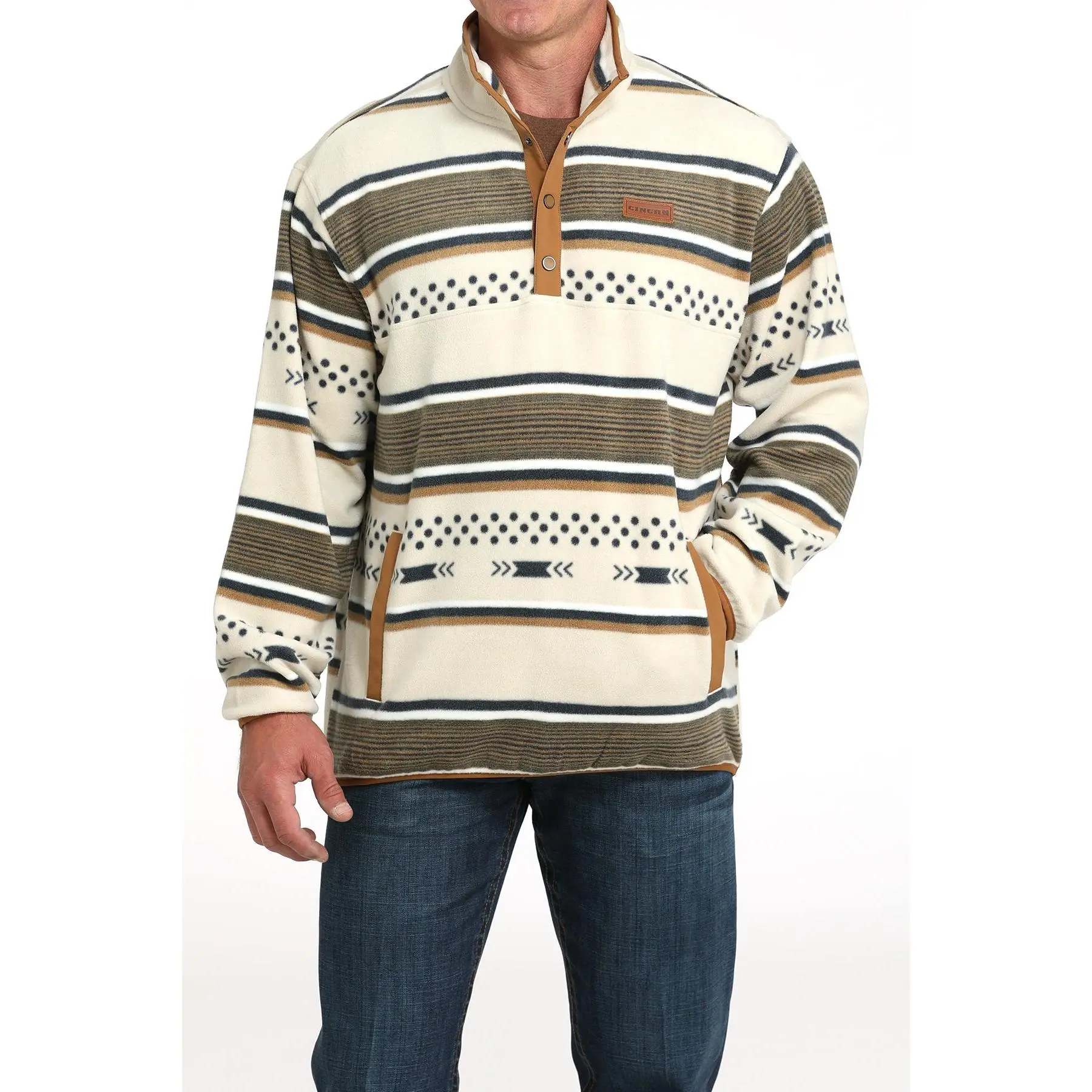 Cinch Men’s Soft Casual Classic Cowboy Cream Printed Polar Fleece Snap Pullover, Menswear Top for Daily Wear