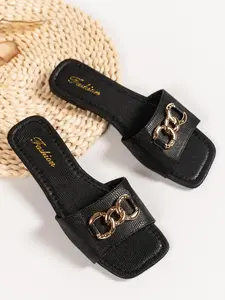 Women's Fashionable Chain Decor Slide Sandals, Metal Buckle Sandals, Casual Comfortable Square Toe Flat Sandals for Beach, Fashionable Shoes for Daily Wear