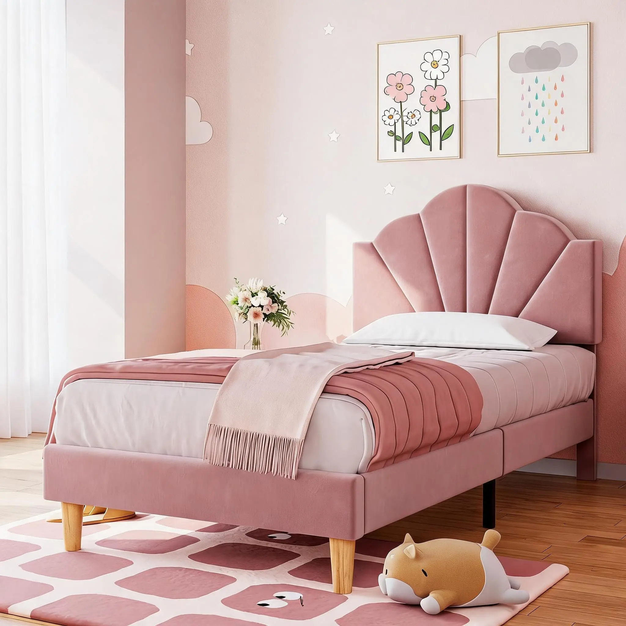 Twin Size Velvet Upholstered Shell Headboard Platform Bed Frame - Adjustable Headboard, Strong Wood Slats Support, No Box Spring Needed, Noise-Free, Ideal for Girl Rooms & Apartments (Indoor Furniture Set),sohochic