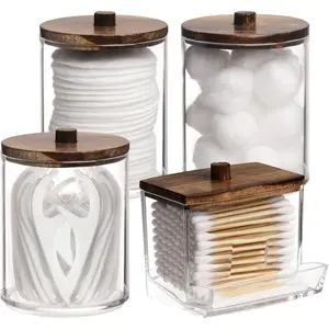 4 Pack Qtip Holder Bathroom Container, 10/7oz Cotton Ball/Swabs Dispenser, Apothecary Jar with Bamboo Lids for Organizer and Storage (Brown)