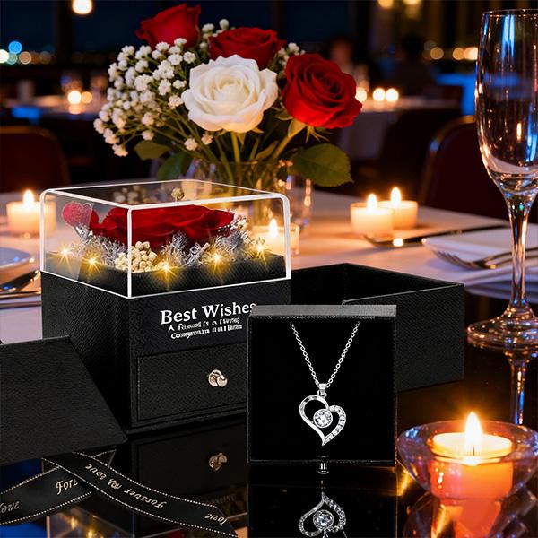 Preserved Red Real Rose with Heart I Love You Necklace, Eternal Flowers Rose Birthday Gifts for Women Her Mom Wife Girlfriend Grandma, Romantic Gifts for Mother's Day, Valentine's Day, Christmas, Birthday Anniversary