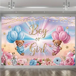 1PC,2D Flat Gender Reveal Party Backdrop, Bear Balloon Floral Theme Photo Background Cloth, Boy or Girl Gender Announcement Party Decoration Cloth, Birthday Party Arrangement Photography Background Curtain, Photo Backdrops