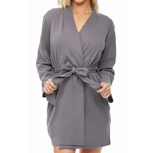 ADR Women's Soft Cotton Knit Jersey Lounge Robe with Pockets, Short Bathrobe Ash Gray Medium