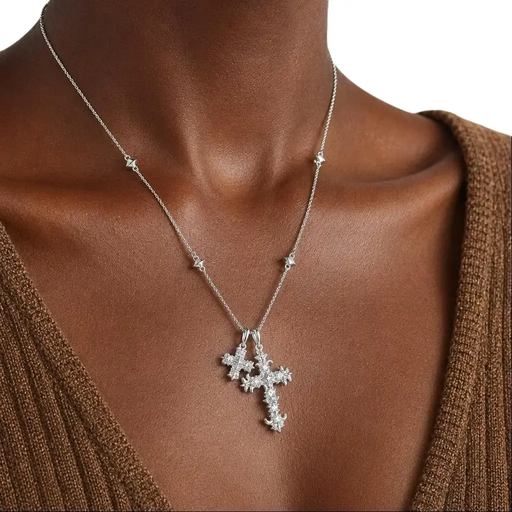 Iris Flower Cross Necklace, Brass Base Electroplated Cross Pendant Necklace, Christian Faith Symbol Jewelry, Elegant Flower Cross Chain, Daily Wear Fashion Necklaces, Religious Inspirational Gift
