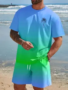 Men's Casual Sportswear Set, Hawaiian Style Gradient Design, Round Neck Short Sleeve T-Shirt & Elastic Waist Shorts, Summer Outdoor Activities, Athleisure Summer Clothes, Sports Clothing Set, Casual Sporty Set