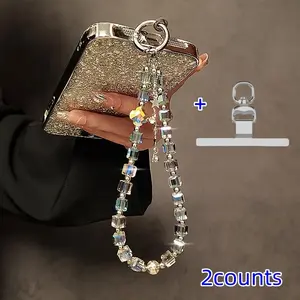 Luxury Colorful Crystal Bead Bracelet Set, Includes 360-Degree Rotating Stainless Steel Phone Wrist Strap, Perfect Holiday Gift Idea