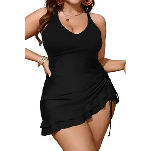 Women's Plus Size Two Piece Tankini Swimsuit Bathing Suits Tummy Control Criss Cross Ruched Ruffle Swim Dress