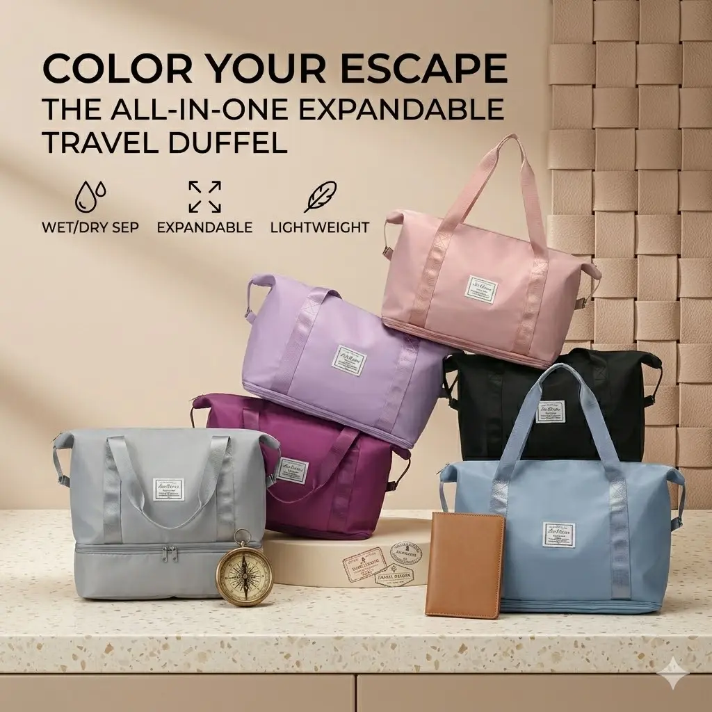 Women's Travel Duffle Bag - Water-Repellent Coat, Smart Layer Pockets, Shoe Compartment, Yoga Mat Slot, Trolley Sleeve, Expandable Weekender Gym Tote with 1L Bottle Holder, Expands for 3 Days, Portable Travel Bag, Multi-Functional