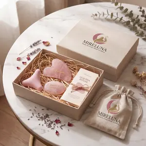 Rose Quartz Gua Sha Facial Massage Tool Gift Set for Face and Neck Care