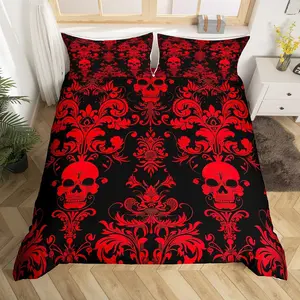 Adults Red Damask Bedding Set,Antique Victorian Baroque Duvet Cover,Gothic Vintage Floral Comforter Cover,Exotic Sugar Skull Quilt Cover