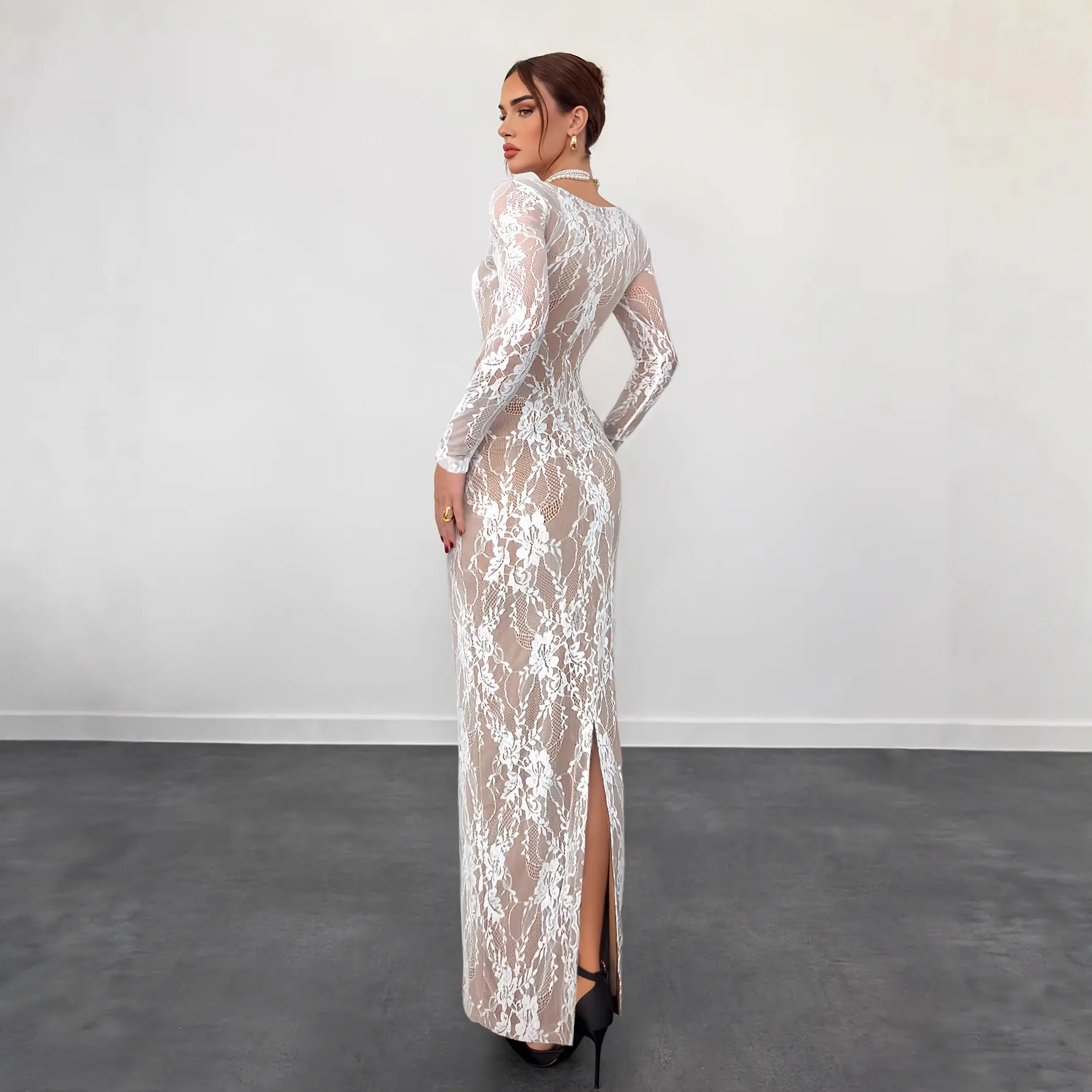Women's Elegant Chinese Style Lace Square Neck Long-Sleeve Slim-Fit Maxi Dress with Ruffled Hem, Lady's Casual Daily Wear Longsleeves Dress