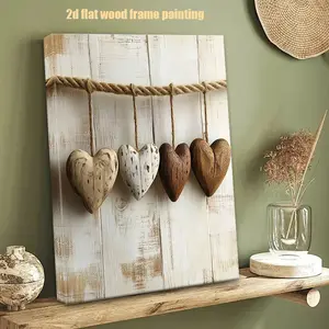 1 Piece Country Style Heart-Shaped Farmhouse Wooden Frame Canvas Painting - White and Wood Grain Texture Wall Art, Beige Wooden Background, Wood Chip Style Heart - Easy to Hang Frame Poster, Suitable for Valentine's Day, Wedding, Housewarming Gift, Living