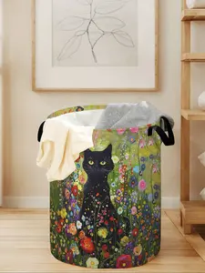 Floral Cat Print Laundry Basket with Handle, Durable Foldable Clothes Storage Bin, Large Capacity Toy Organizer for All Seasons, Collapsible Laundry Hamper